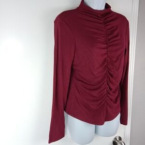 Entro Shirt Womens Large Red Long Sleeve Ruched Mock Neck Ribbed Stretch Top